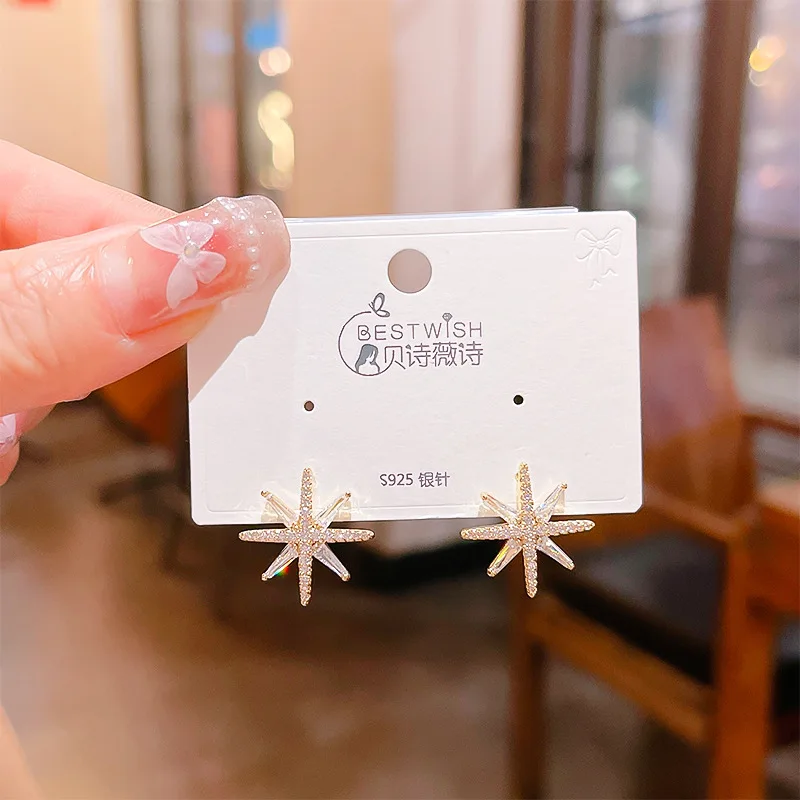 

Silver Needle Simple Octagram Earrings Eight Pointed Star Stud Trendy Zircon Rice Character Women Ornaments