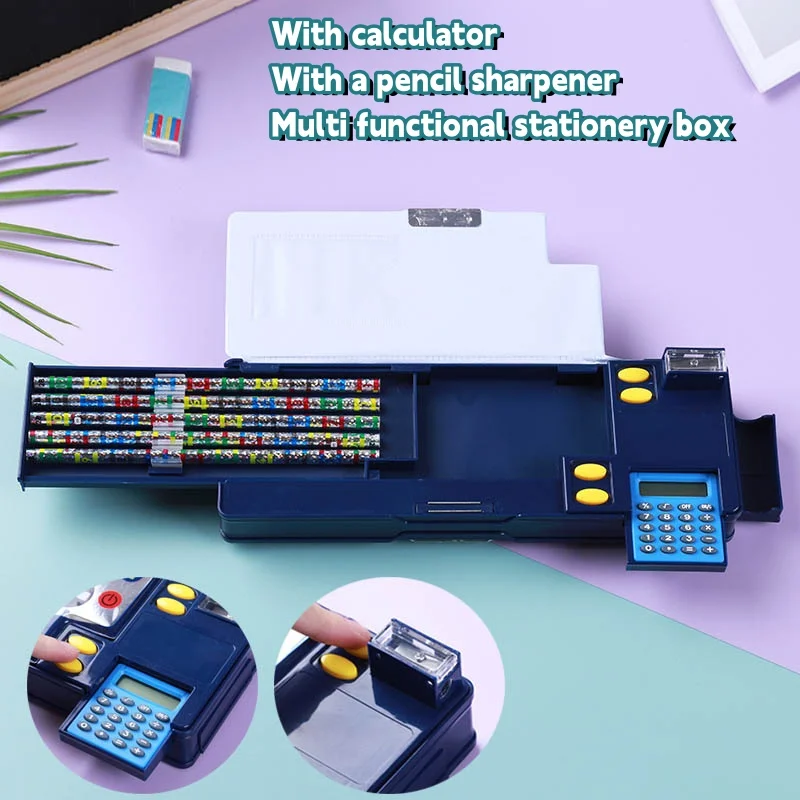 Calculator Stationery Box Creative Gift for Elementary School Students Double-sided Pencil Case Multifunctional