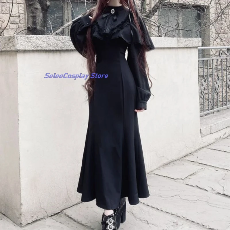 

Anime Cosplay Jirai Kei Long Dress Japanese Style Kawaii Y2K All black Lace Bow Lolita Long Sleeve Slims Gothic Waist Party Wome