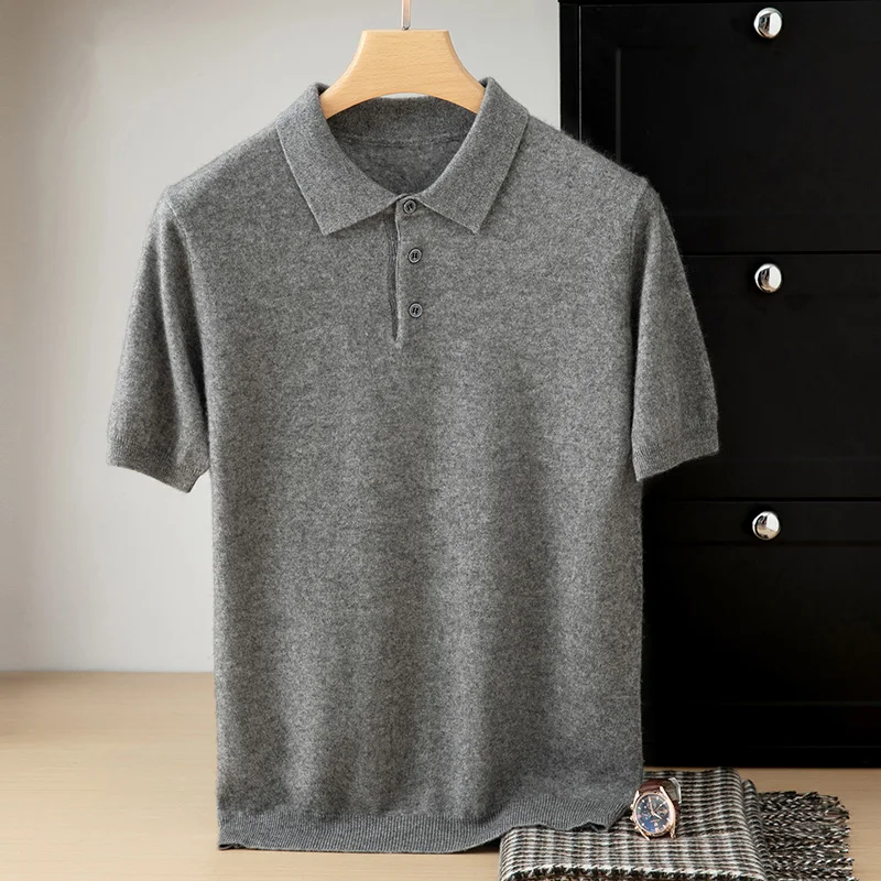Men's Cashmere Short Sleeve Polo Collar Business Casual Knitted T-Shirt Base Layer 26 New Arrival