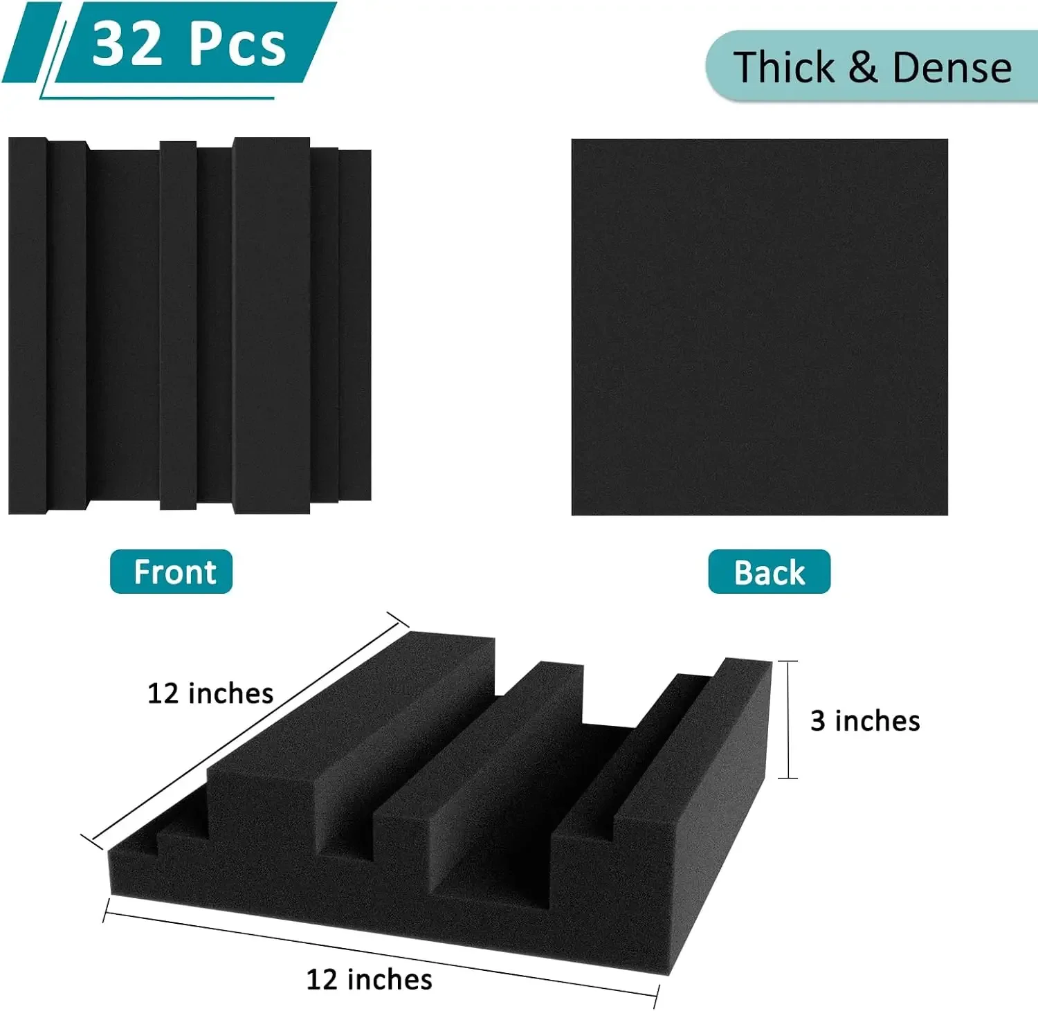 Thickened 12 X 12 X 3 Inch Acoustic Foam Panels in Diffusion Pattern, 32 Pcs High Density Sound Absorbing Foam Diffuser