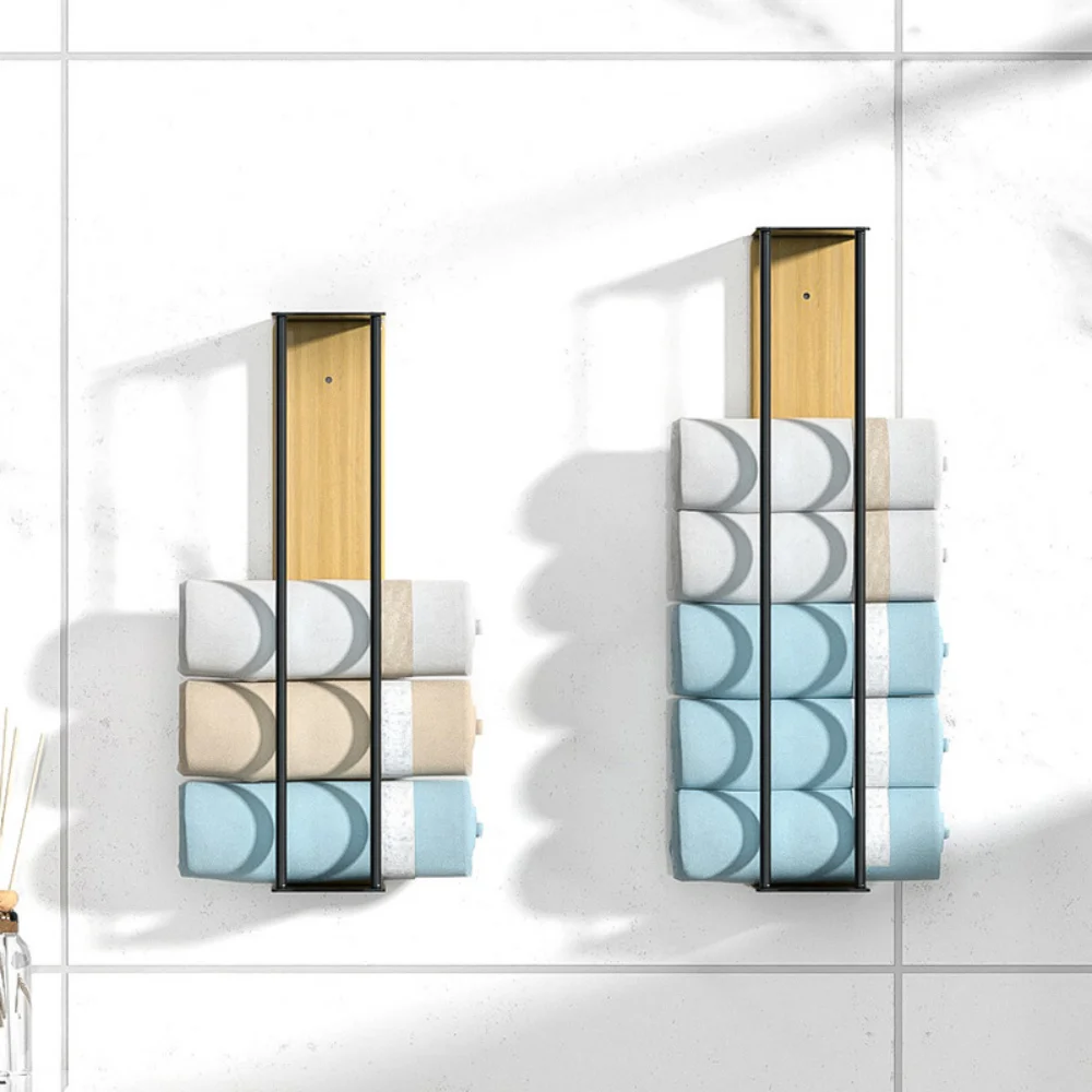 

No Drilling Required Wall-mounted Metal Towel Rack for Bathroom Wooden Board Storage for Bath Towels and Shower Towels Holder