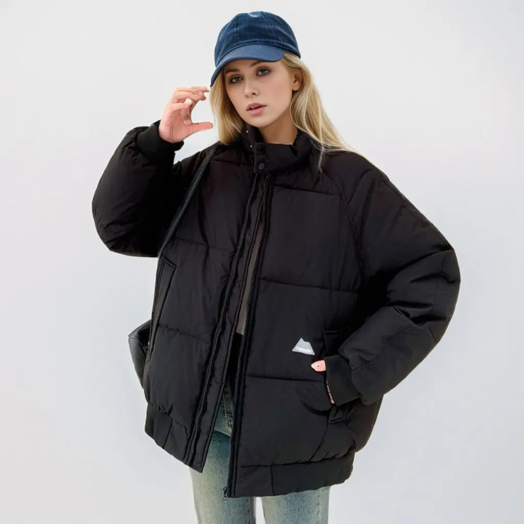 

Women's Cotton-Padded Jacket European American Style Solid Color Stand Collar Loose Warm Coat for Winter