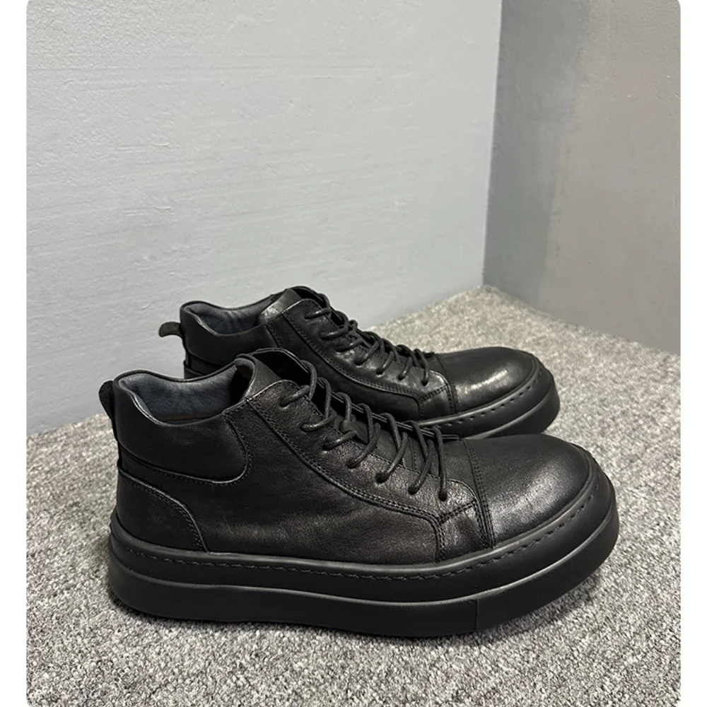 Men's Thick-Fur-Lined Warm Leather High-Top Shoes Retro Casual Autumn-Winter Style with Thick Sole Height-Increasing Feature