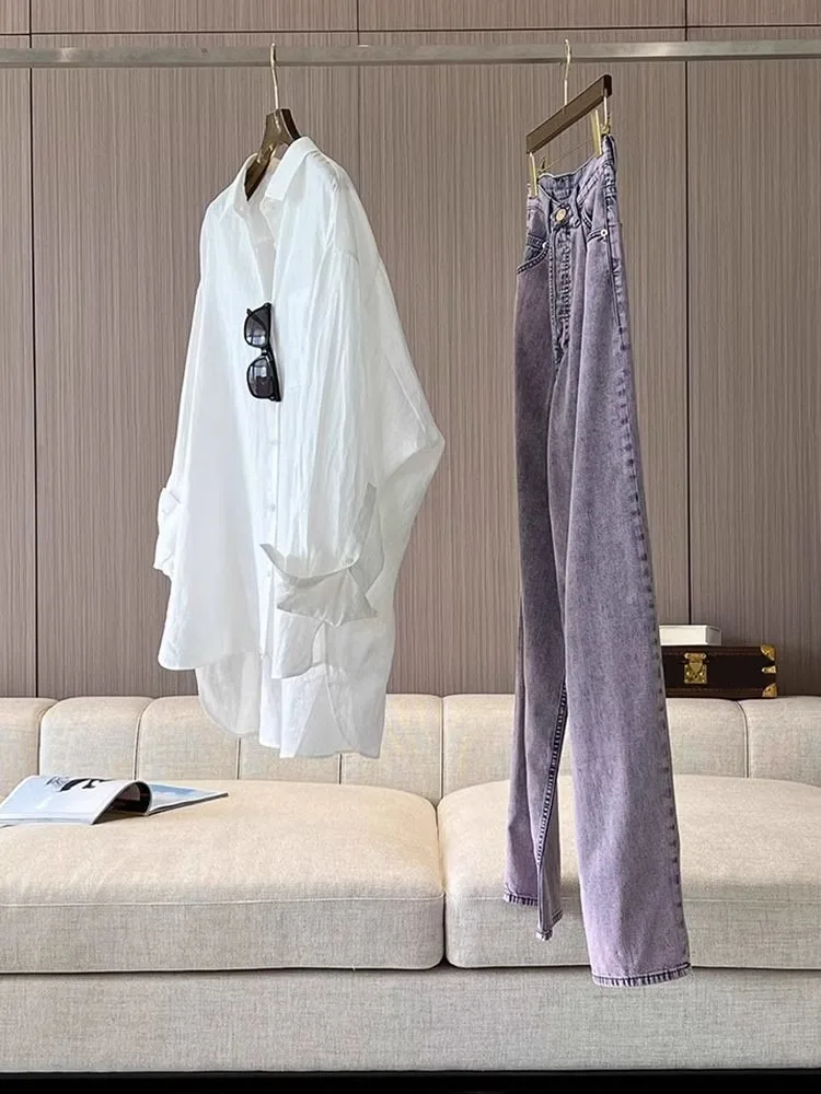 Modna lniana długa koszula chroniąca przed słońcem, damska letnia cienka luźna codzienna odzież wierzchnia, koreańska luźna koszula zapinana na guziki.