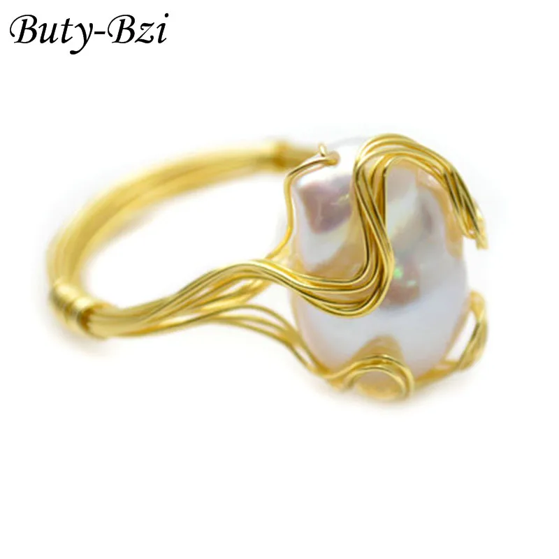 Natural Fresh Water Pearl Baroque Beads Handmade Copper Wire Wrapped Rings Fashion Woman Jewelry