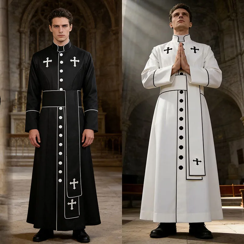 

2026 New Medieval Pure Priest Cosplay Costume Man Woman Pastor Church Black White Robe Clergy Coat Clothing Halloween Outfit