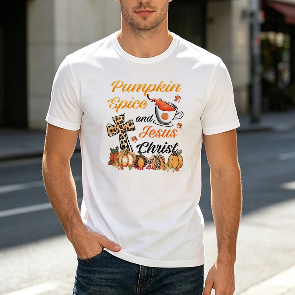 Pumpkin Spice and Jesus Christ Leopard Cross Print Male T Shirt Fall Season Coffee Mug Graphic Tee Religious Autumn Clothes