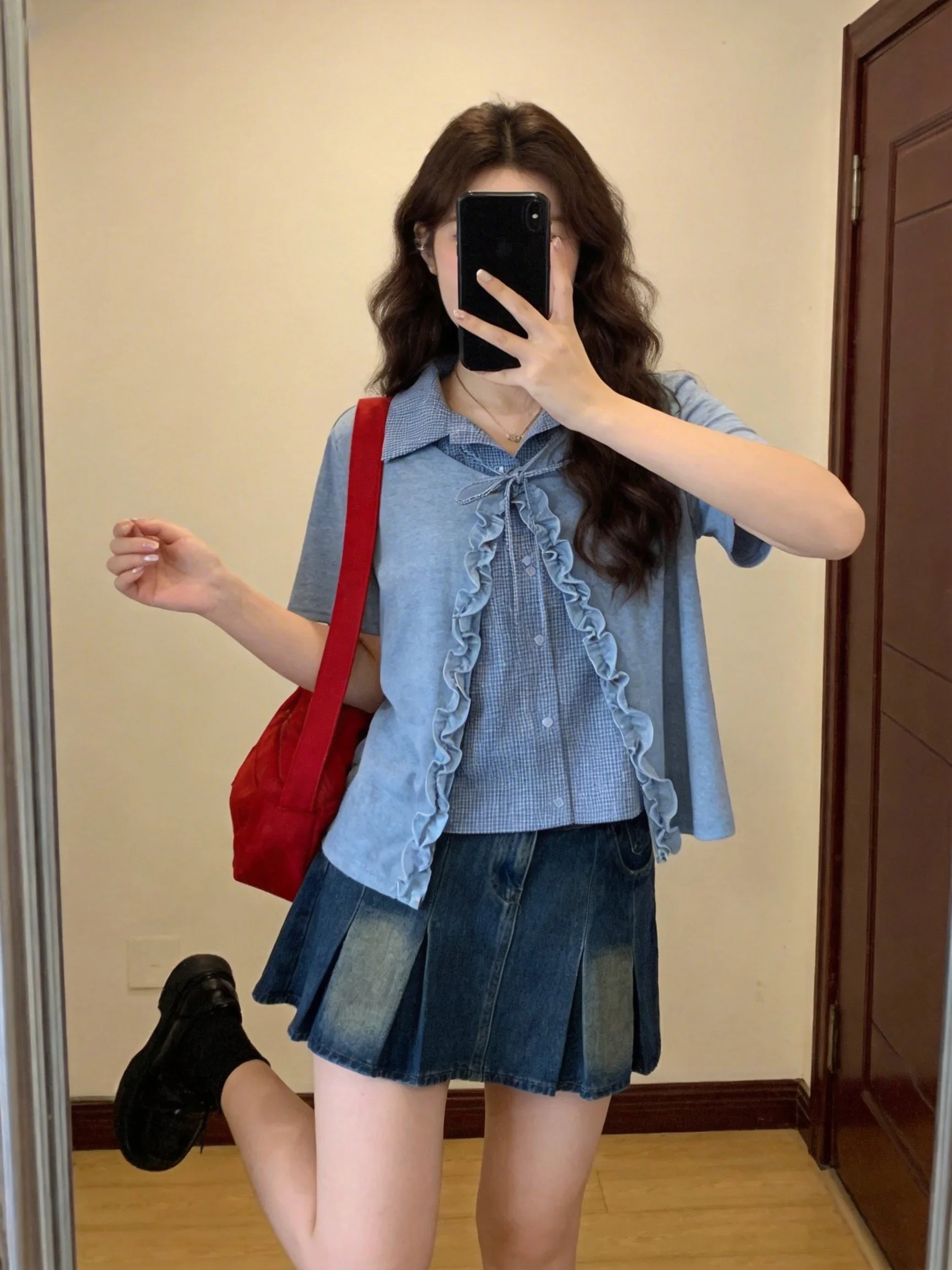 

Футболка в корейском стиле с цветными блоками и рюшами под дерево для женщин больших размеров, дышащая, из смесового хлопка