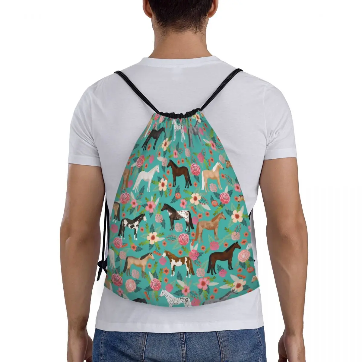 Horses Floral Drawstring Backpack Women Men Gym Sport Sackpack Foldable Horse Breeds Farm Animal Pets Training Bag Sack