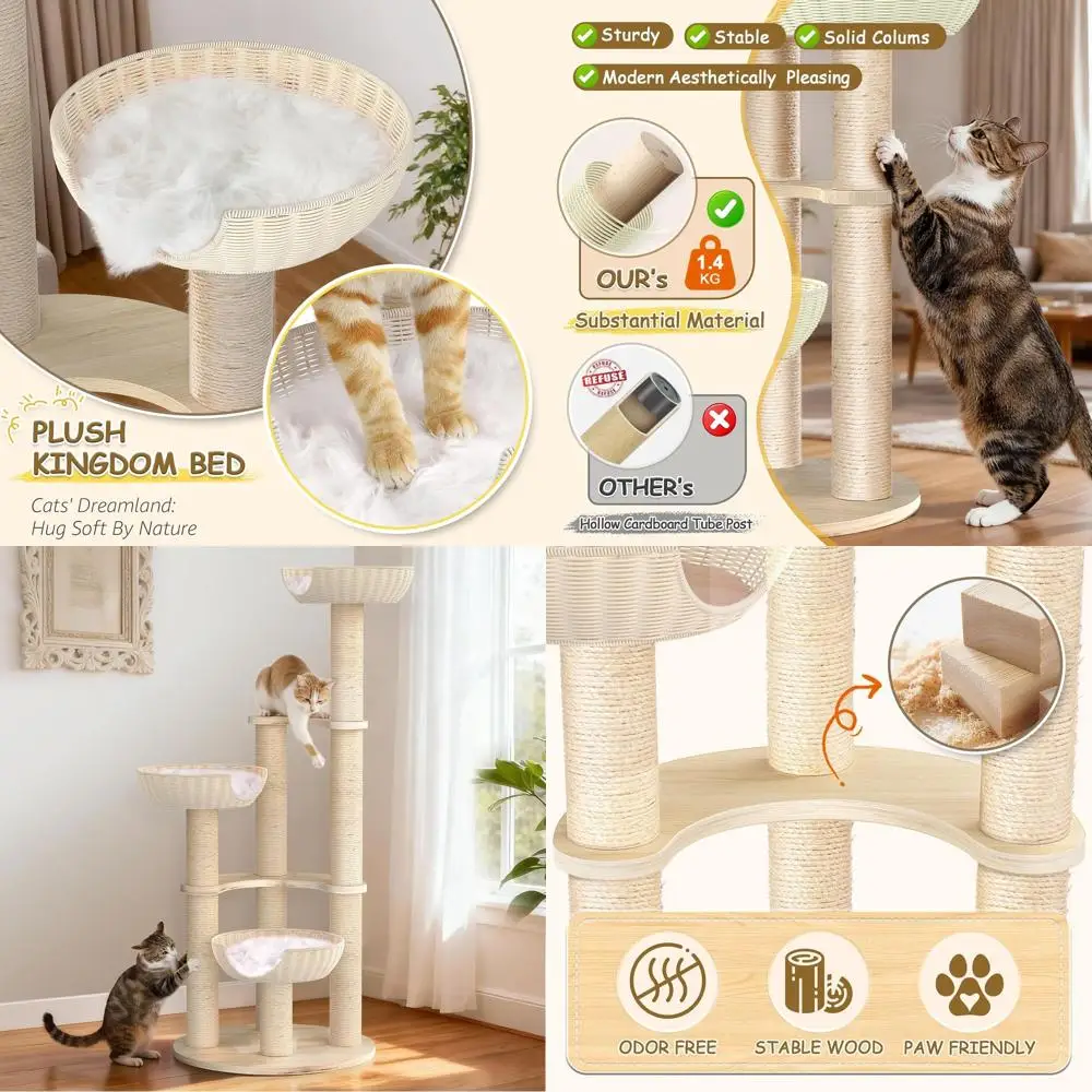 

Tinnmao Solid Wood Cat Tree Tower for Large Cats, 53'' Modern Multi-Level Wooden Cat Tower with Natural Sisal Covered Scratching