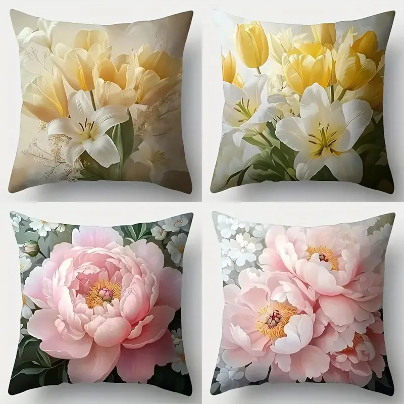 Soft Pastel Floral Pillow Covers, Tulip Lily Peony Decorative Throw Pillow Cases, Elegant Spring Home Decor Cushion Covers 4pcs