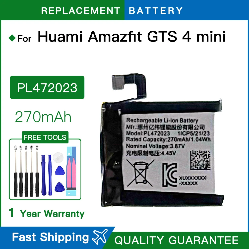 Replacement Battery Battery PL472023 472023 For Huami Amazfit GTS 4 mini 270mAh Replacement Watch Bateria Batteries +Tools