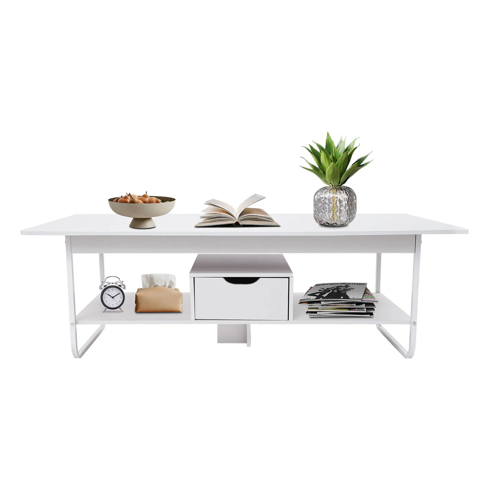 Modern Coffee Table 120x60cm, 2 Tier Tea Table 28.2lbs White with Drawer for Living Room Office