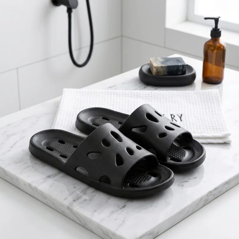 Men Summer Slippers Cut Out Design Textured Footbed Lightweight Slip On Sandals Indoor Bathroom Casual Shoes