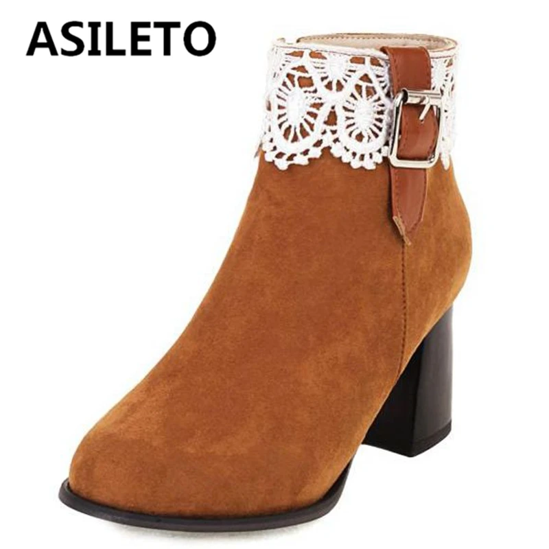 ASILETO 2022 Women Ankle Boots Round Toe Block Heels Flock Lace Sweet Zipper Casual Big Size 33-43 Pink Black Winter Fur S3088