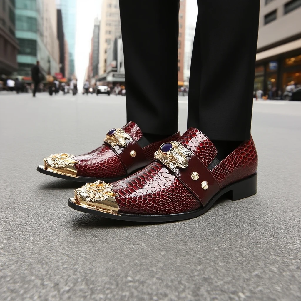 

Men's Wine Red Snake Print Leather Shoes with Gold Tiger Buckle & Purple Gem, Urban Fashion Party Dress Shoes