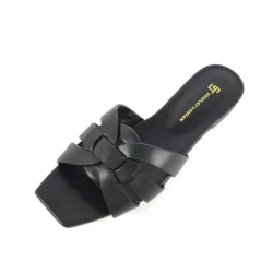Fashionable and elegant women's open toed cowhide flat slippers for casual shopping, non slip and comfortable flat head slippers