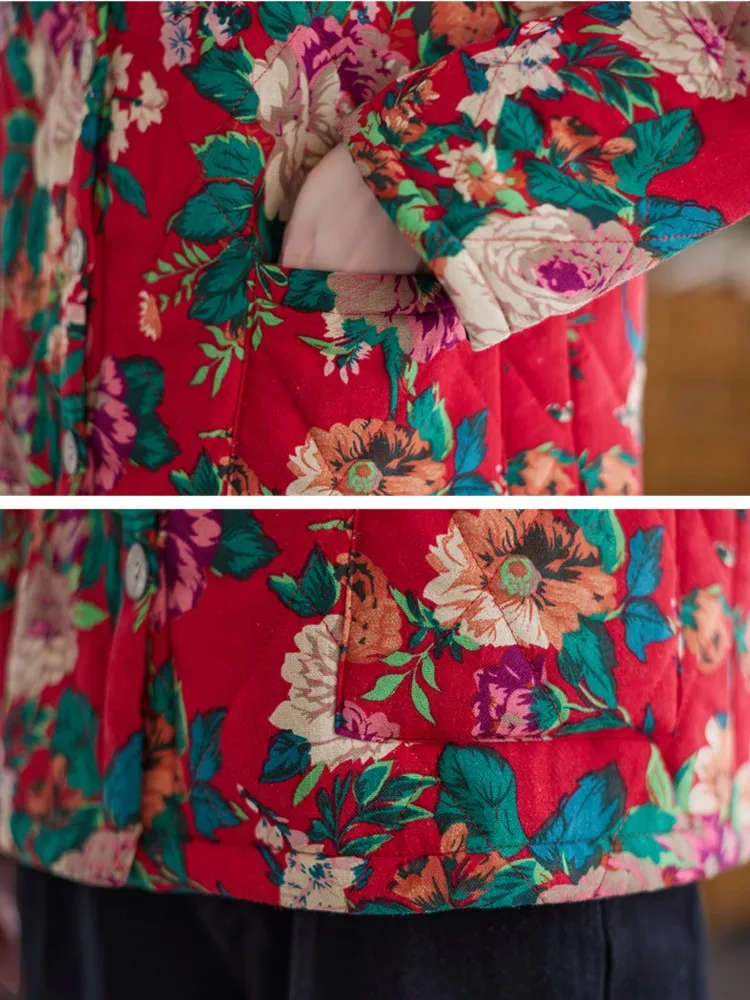 Abrigo de algodón de gran tamaño para mujer, chaqueta de manga larga con estampado de flores, informal, holgada, a la moda, para invierno, 2023