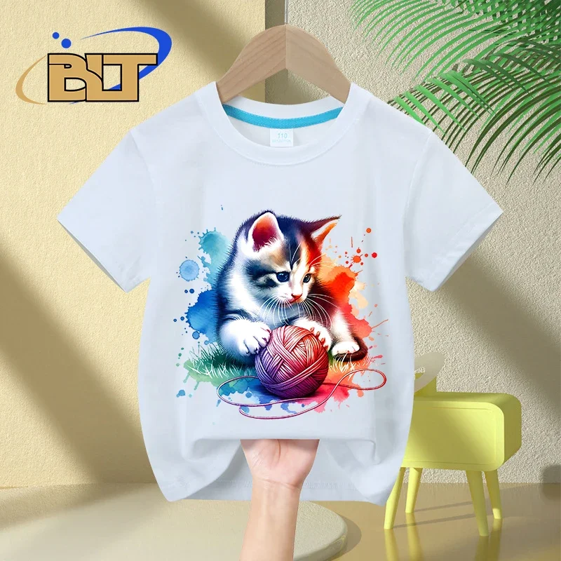 Camiseta con estampado de gatito juguetón de acuarela para niños, tops casuales de manga corta de algodón para niños y niñas, Verano