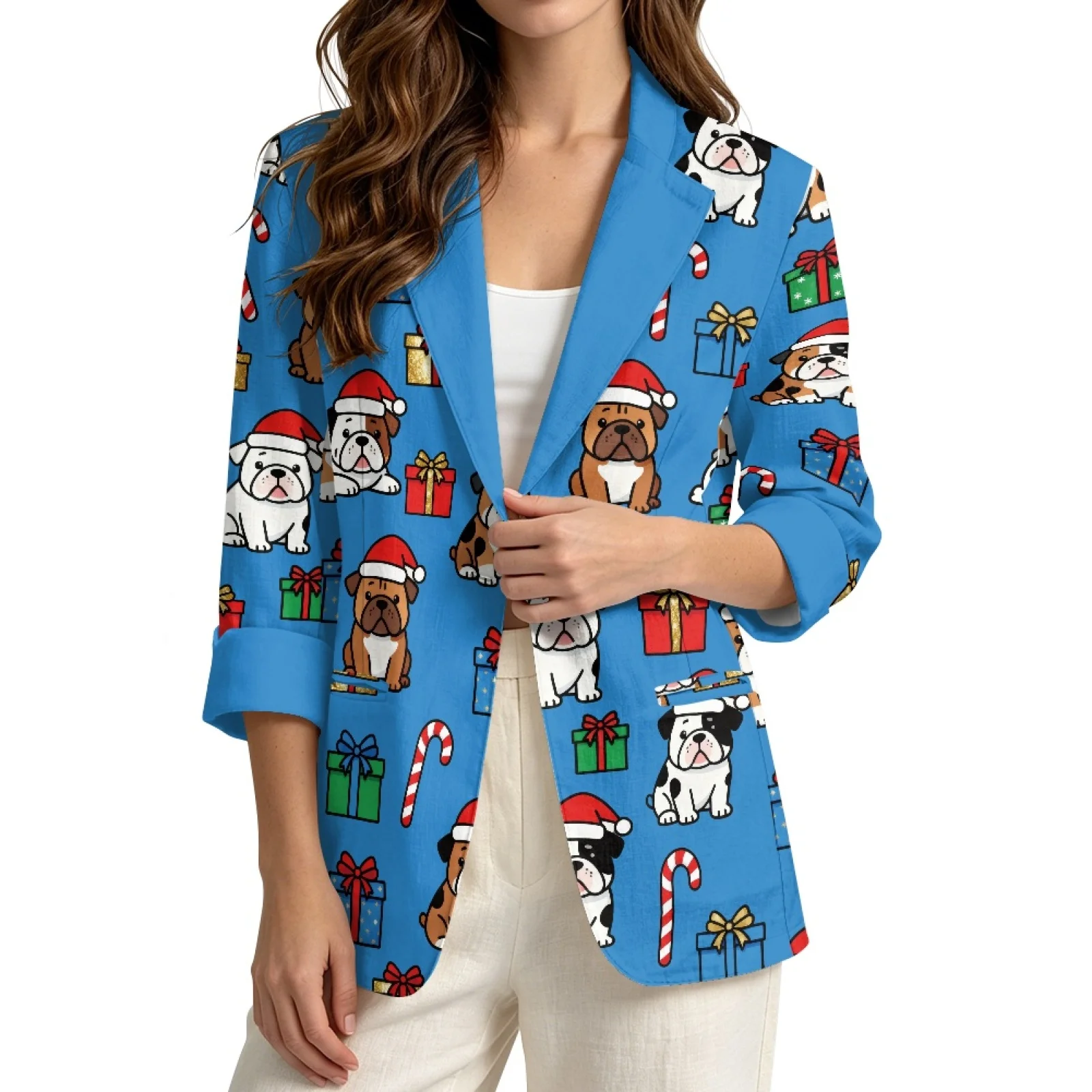 PENSTROLL Christmas Bulldog Print Lightweight Layering Tank Jacket for Work Linen Like Beach Cover Up Sizes S-3XL