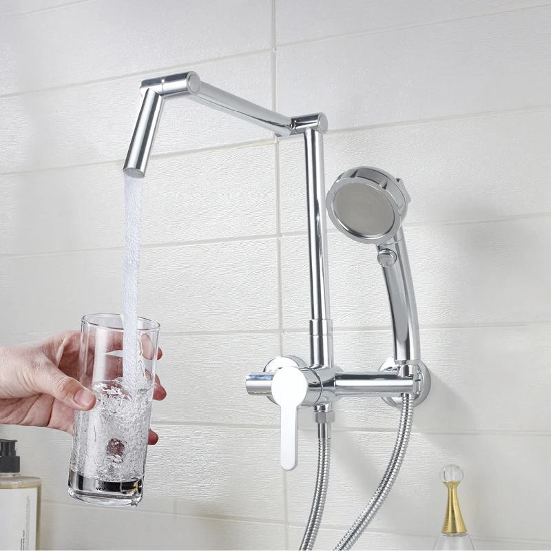 Bathroom Bathtub Faucet Set with Handheld Shower Wall Mounted Single Handle Folding Faucet Bath Tub Faucet Set with Hand Shower