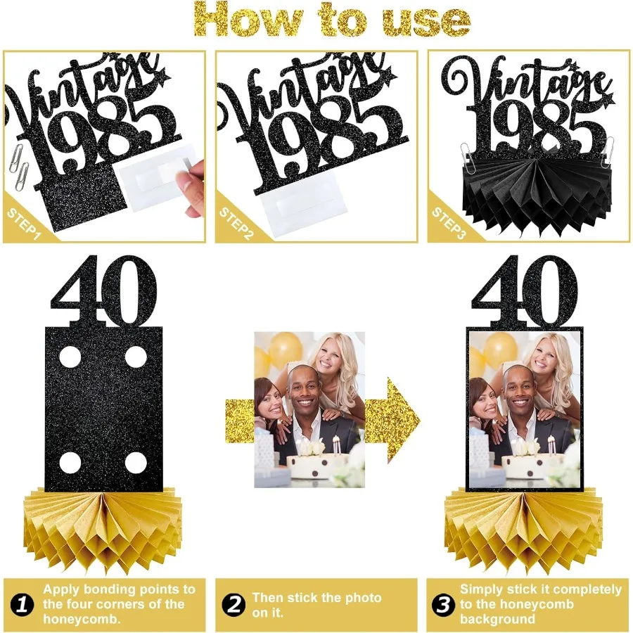 8 peças decorações de 40o aniversário peças centrais de favo de mel para mulheres homens preto ouro vintage 1985 40o aniversário foto peças centrais de mesa