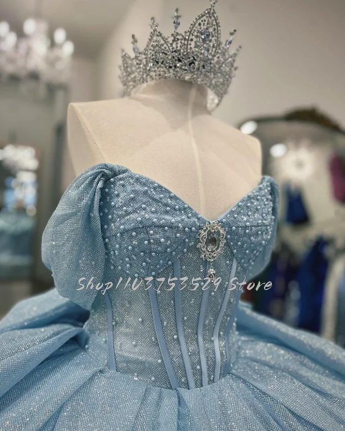 Luxury Sky Blue 15 Quinceanera Dresses Sparkling Beaded Sequins Card Shoulder Party Dress Custom Elegant Tie Bow Tier Poncho