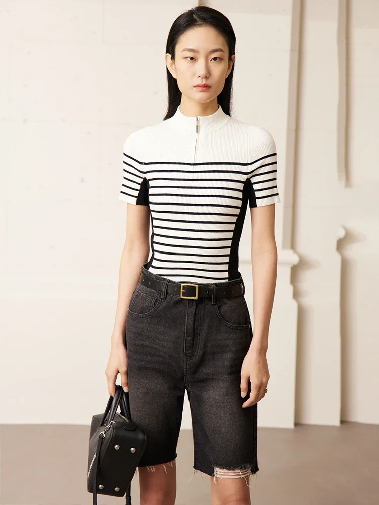 AMII minimalismo raya tejida ropa de mujer prendas de punto 2025 novedad de verano elegante cuello alto Oficina señora suéter femenino 72341020