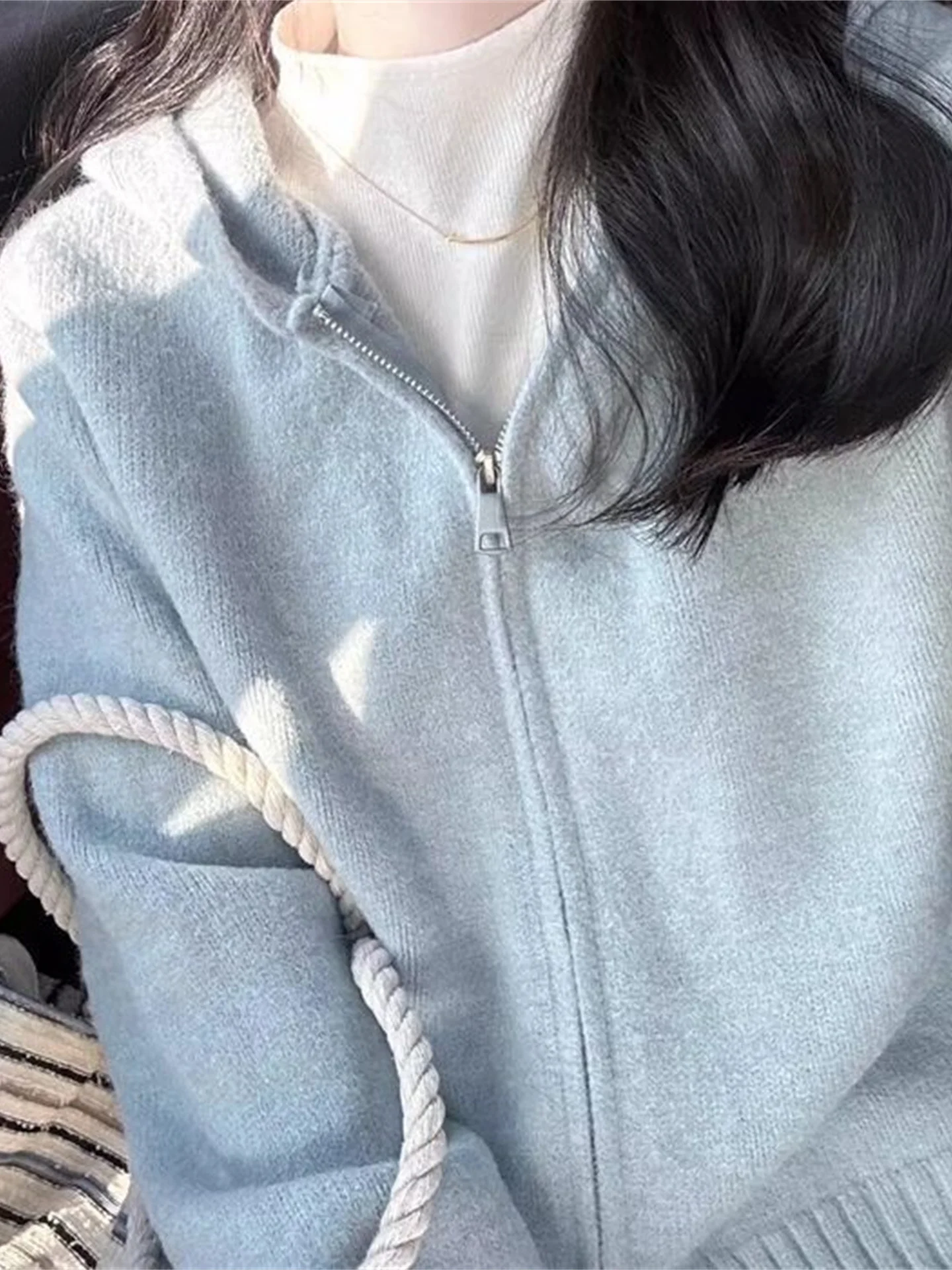 

Синий вязаный кардиган с двойной молнией и капюшоном для женщин, осенне-зимний свитер-жакет свободного кроя, удобный повседневный вариант