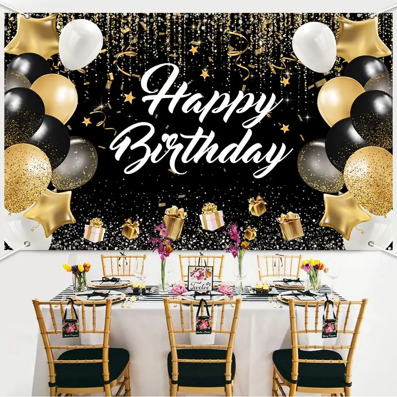 Golden Birthday Door Curtain Backdrop 30 40 50 Happy Birthday Tablecloth Table Runner Balloon Birthday Party Decoration For Home