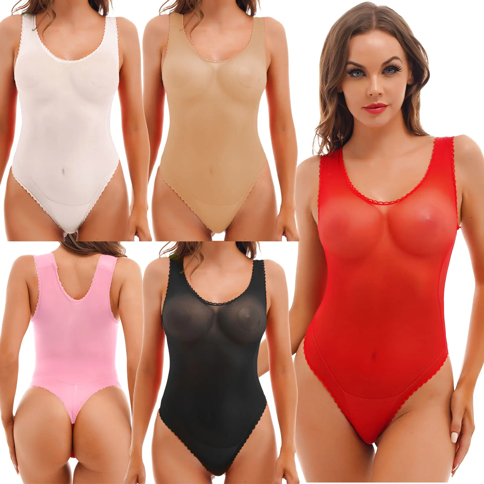 Tiaobug Womens Pure Red See-through One-piece Swimwear Bodysuits U Neck Sleeveless Nylon Leotards Breathable Good Stretchy Wears