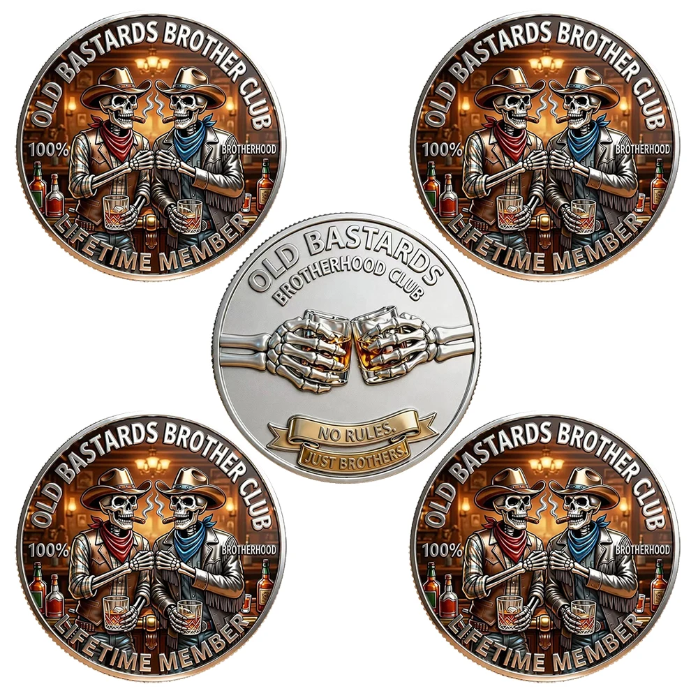 5pcs Old Bastards Brotherhood Club Challenge Coins Lifetime Member Western Skull Brother Collectible Coin Friendship Men Gifts