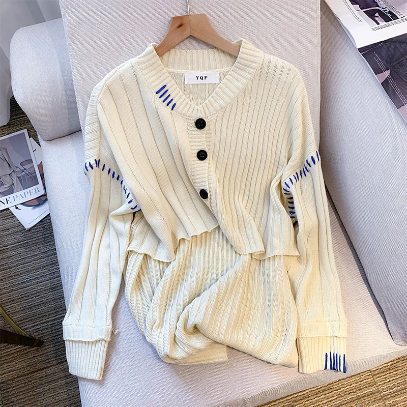 Women Off White Pullover Loose Knit Sweater Harajuku Vintage Y2k Long Sleeve V-Neck Japanese Cashmere Sweater 2000s Clothes 2025