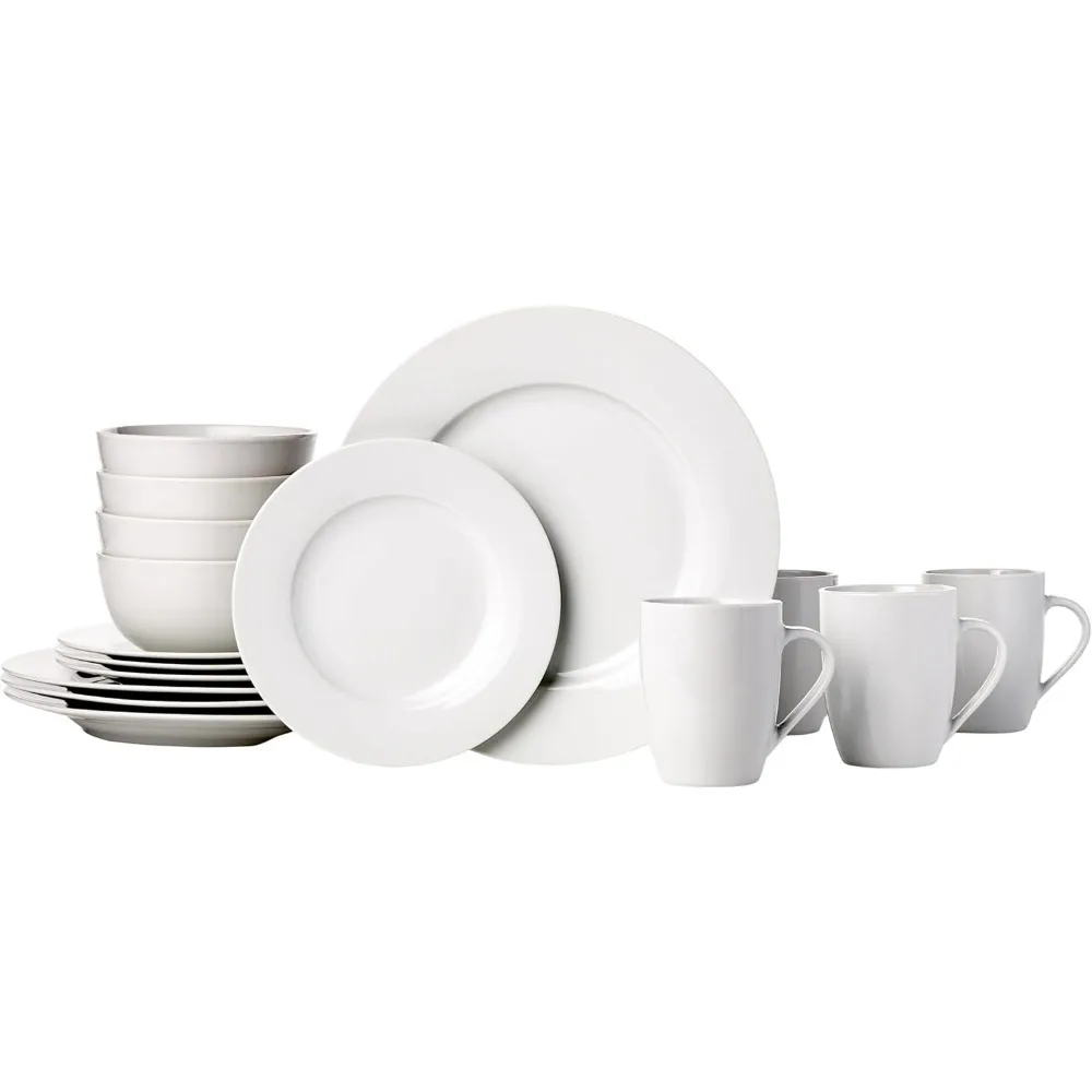 

16-piece porcelain kitchen dinnerware set with plates, bowls and mugs, service for 4 - white