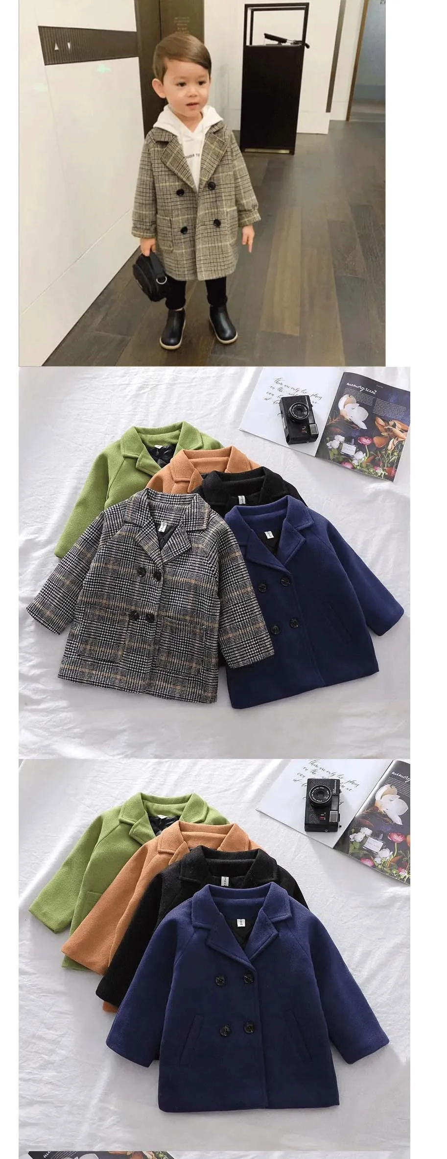 Spring Boys Jackets Child Girl Woolen Double-breasted Baby Trench Coat Lapel Autumn Kids Outerwear Winter Wool Overcoat