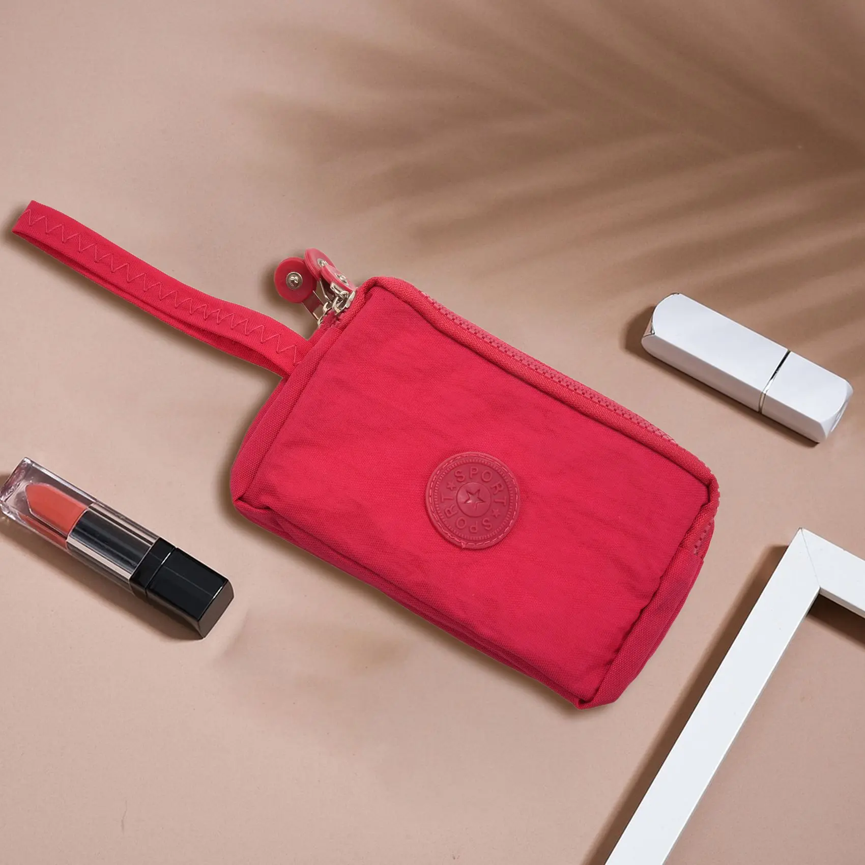 ABQR Portafoglio piccolo da donna Rondella Borsa per telefono in tessuto antirughe Tre cerniere Borsa per trucco portatile Rosa Rossa