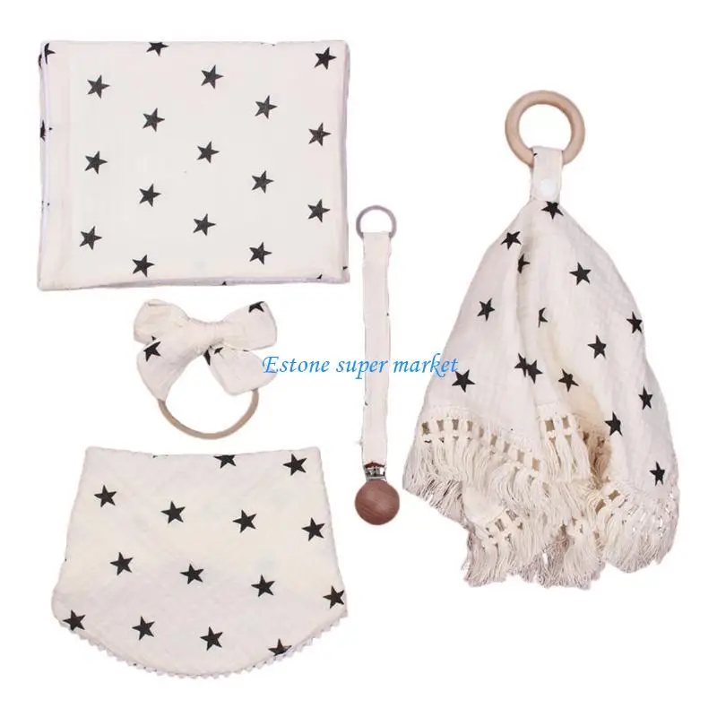 

090B 5 Pcs/Set Baby Burping Towel Burp Cloth+Bib Saliva Towel+Comforter Blanket+Pacifier Chain Clip Nipple Holder+Hair Band