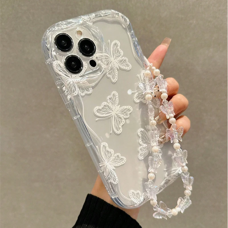 Borboleta impressa design alça de mão transparente caso telefone para xiaomi poco x7 x6 x5 f5 f6 f7 pro 5g x3 f3 m6 claro pára-choques capa