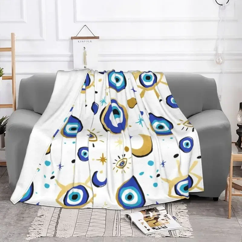 Evil Eye Pattern Blanket White Background Blue Gold Eyes Stars Moon Design Soft Fleece Throw for Boho Home Decor150x180