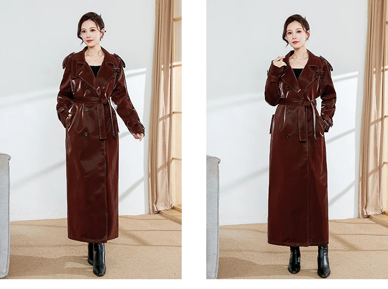 Lautaro Spring Autumn Extra Long Oversized Cool Reflective Shiny Black Patent Leather Trench Coat for Women Belt Runway Fashion