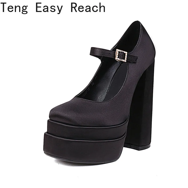 Fashion Waterproof Platform Square Toe Heel Satin Rhinestone Candy Color Sandals Big Size Party Wedding Sexy Thick High Heels