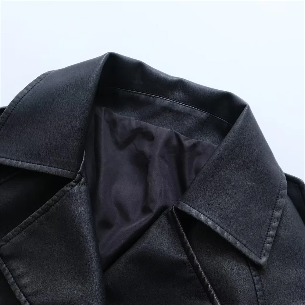 ZA2024 Autumn New Women\'s Fashion Style Slimming and Versatile Solid Color Collar Leather Coat Windcoat Coat