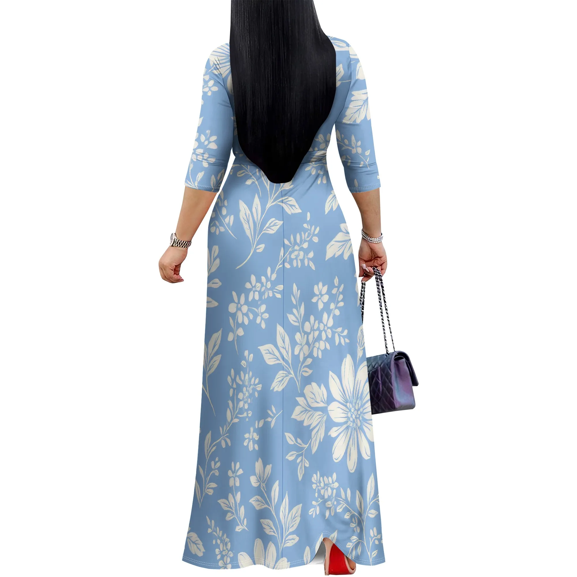 Damen-Maxikleider mit langen Ärmeln, V-Ausschnitt, fließendes Party-Hochzeitsgastkleid mit Gürtel