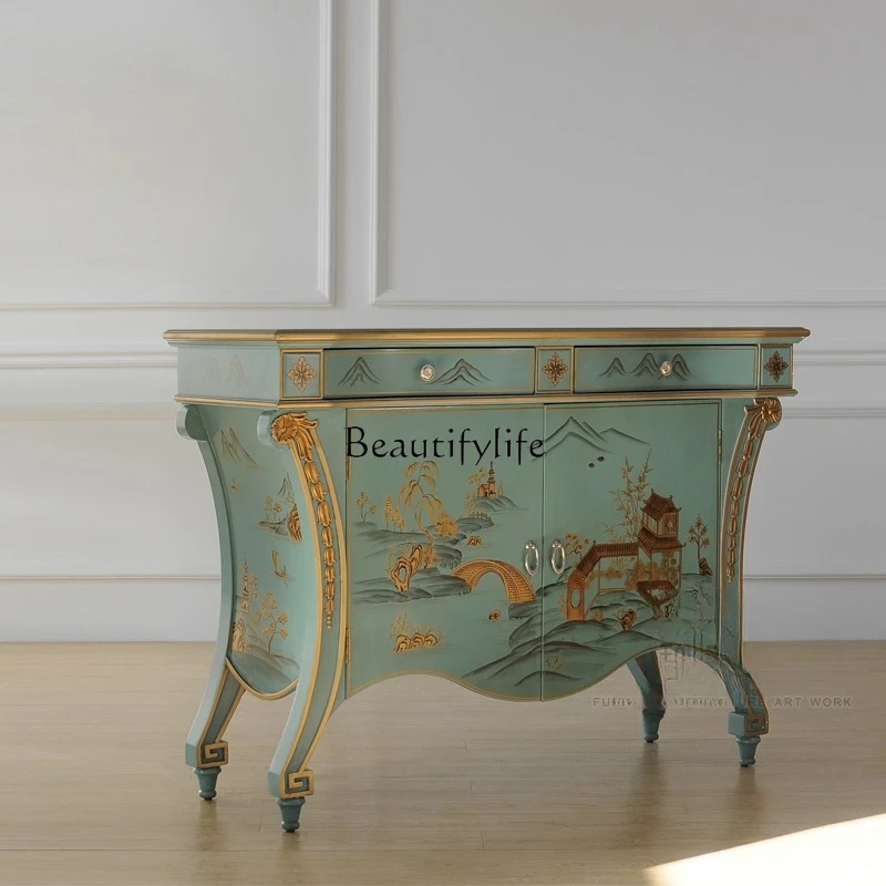 

01 Classical painted blue and gold entrance corridor table storage cabinet sofa back table