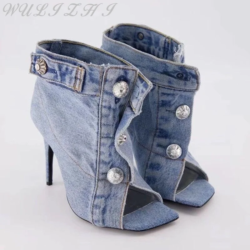 

Denim Blue Open Toe Short Boots Large Size Women Ankle Boots Summer Rivet Button Belt Buckle Stiletto High Heel Lady Pumps