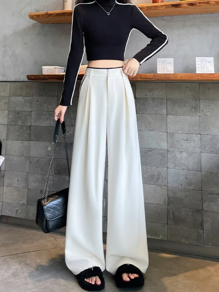 Pantalones de traje de pierna estrecha para mujer, ropa de trabajo drapeada, pantalones de corte recto de pierna ancha y cintura alta, para ir al trabajo, Faion coreano