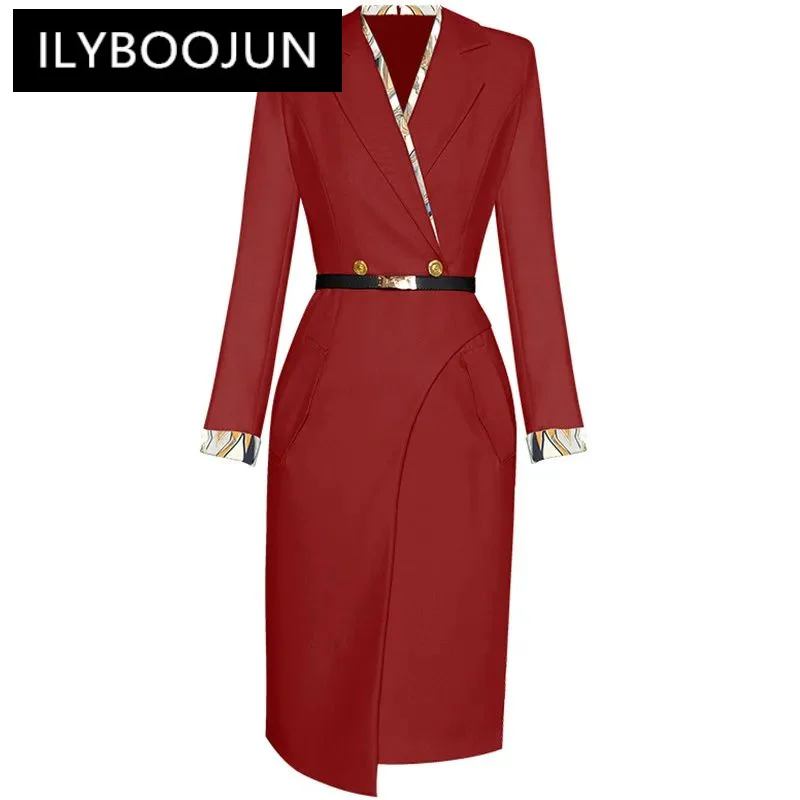 

ILYBOOJUN Fashion Designer Wine Red Vintage Temperament Dress Women's Lapel Button Sashes Package Buttocks Slim Long Dress