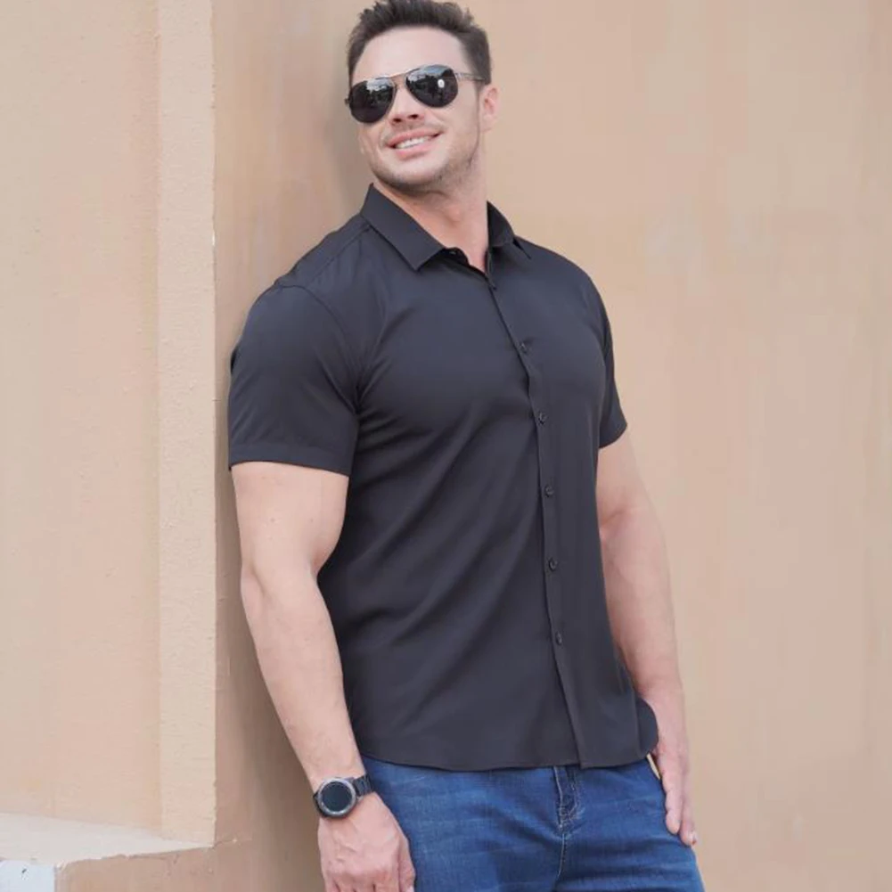 Herren Regular Fit Revers Kurzarm Button Down einfarbige Cardigan Tops für das Büro