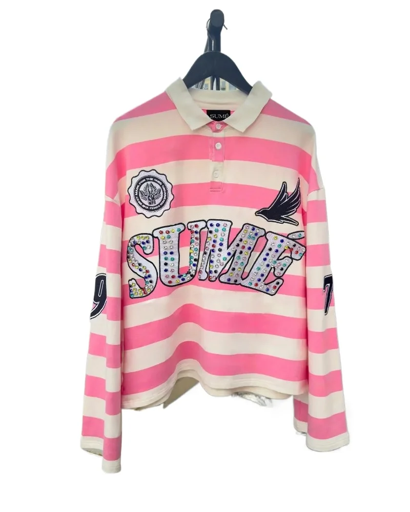 

Harajuku Hip Hop Klein Stone Embroidery T Shirts Stripe Polo Shirt Fashion Sume Letter Splicing Lovers Motion Long sleeves Tops